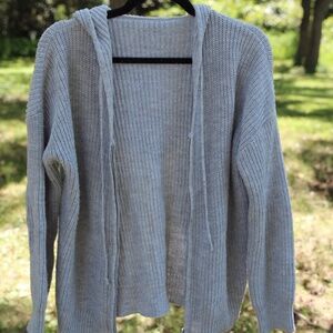 Grey Hooded Open Front Knit Cardigan Sweater M